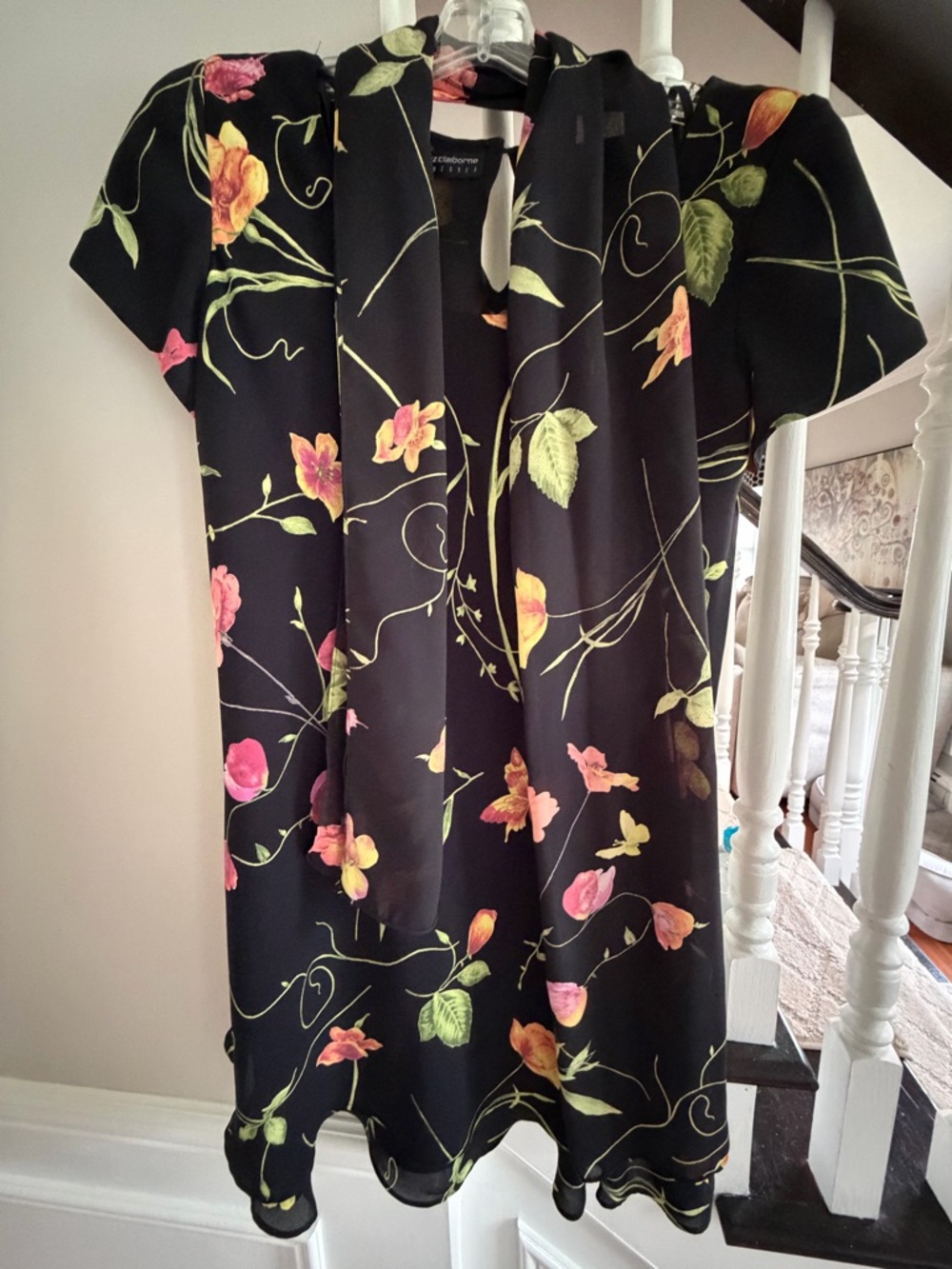 Liz Claiborne Black Floral Mini Dress with Scarf Tie
